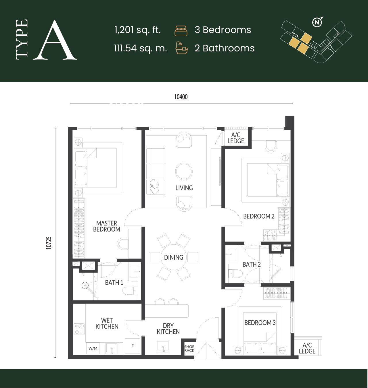 Park Green Type A floor plan — 3 bedroom 1201 sqft
