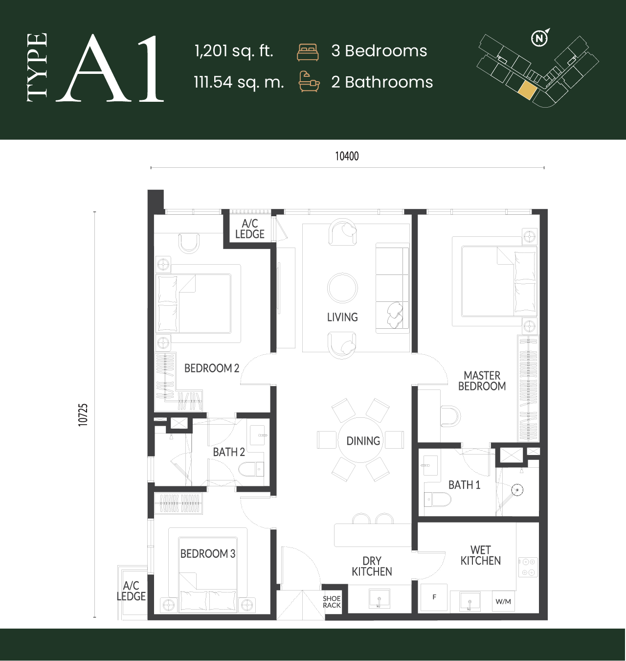 Park Green Type A1 floor plan — 3 bedroom 1201 sqft