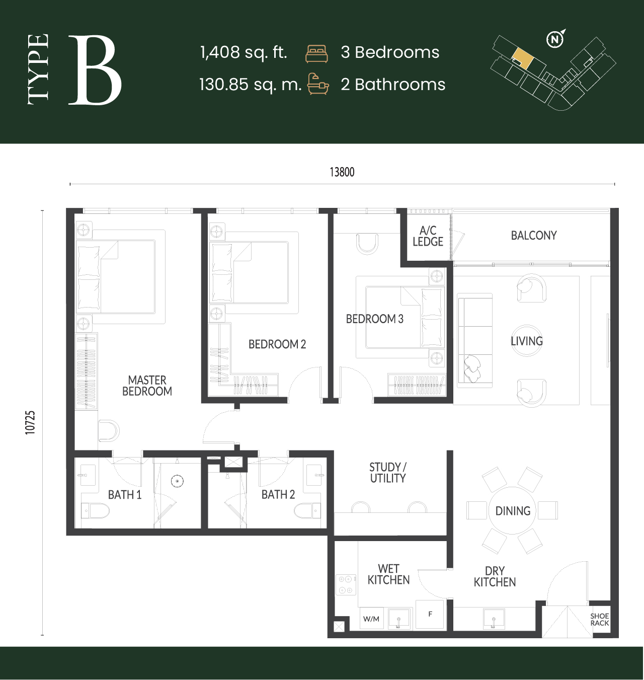 Park Green Type B floor plan — 3 bedroom 1408 sqft