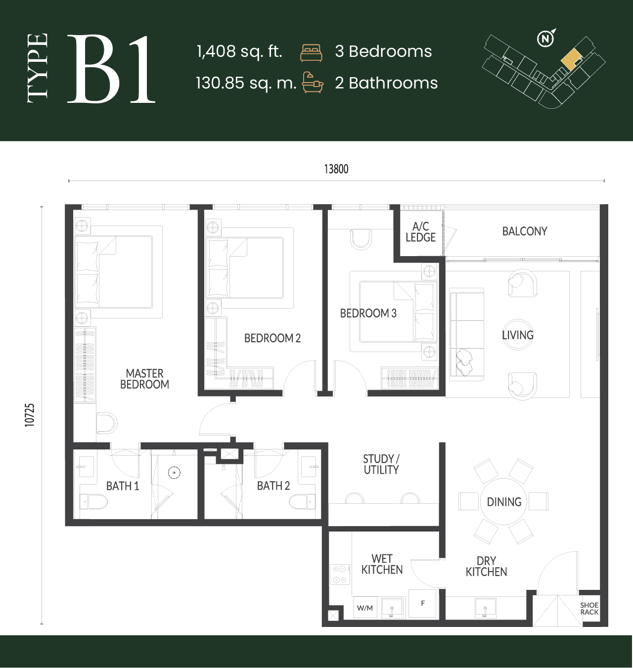 Park Green Type B1 floor plan — 3 bedroom 1408 sqft