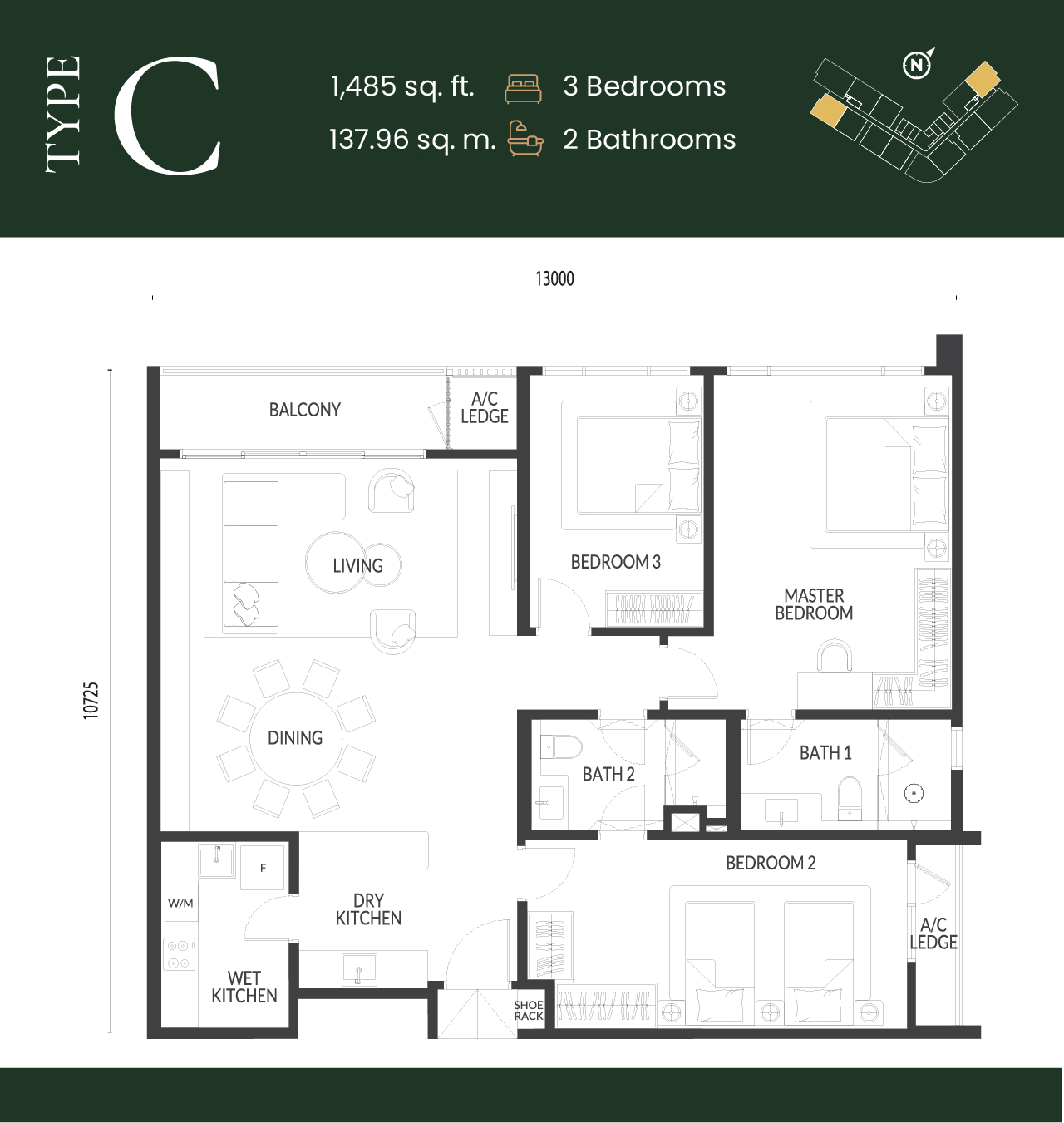 Park Green Type C floor plan — 3 bedroom 1485 sqft