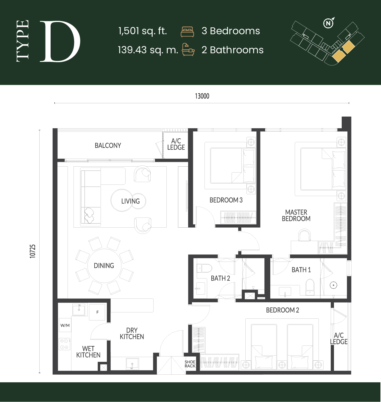 Park Green Type D floor plan — 3 bedroom 1501 sqft